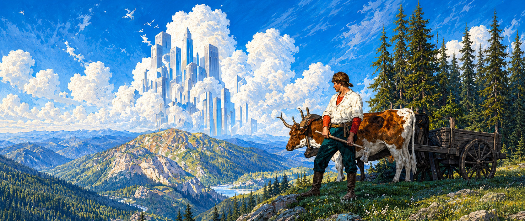 A pioneer with an axe and an ox cart stands on a ridge, looking toward a city of towers rising from the clouds.